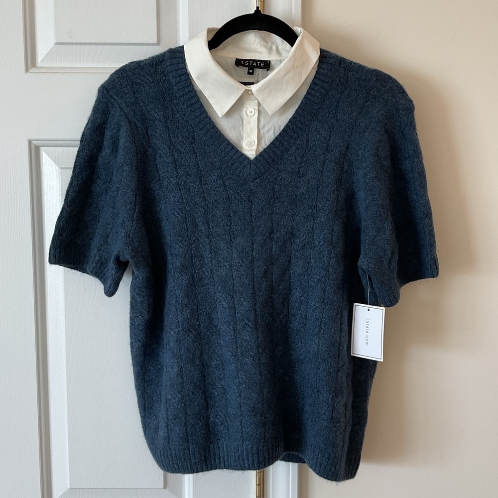 1STATE Double Collar Short-Sleeved Sweater Top